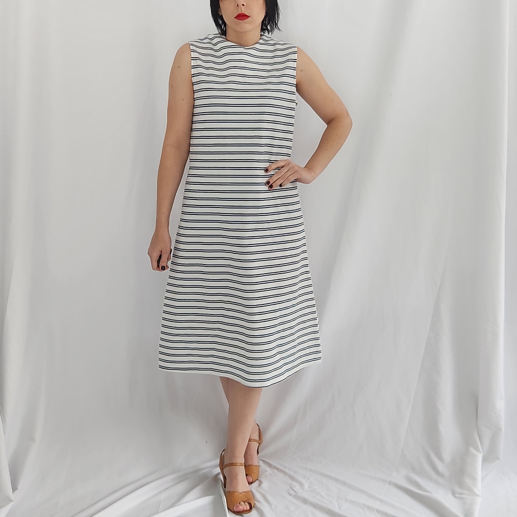 60s/70s White And Navy Striped Day Dress